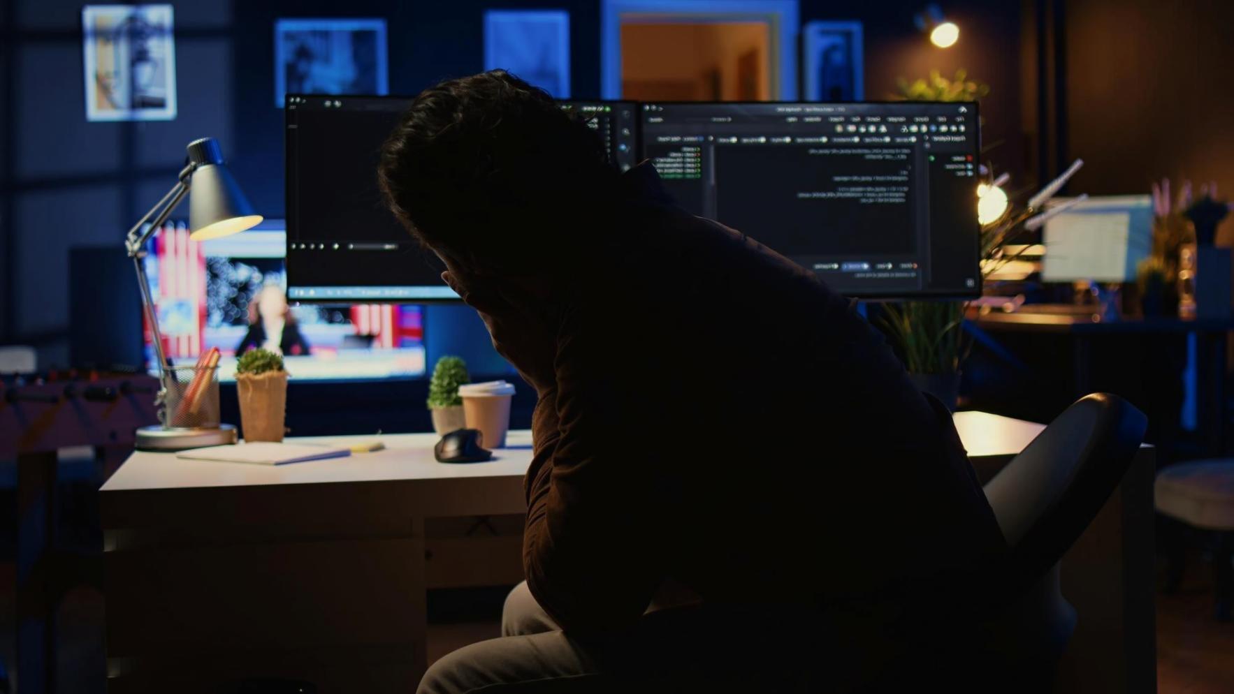 Well-organized home office setup with dual monitors and coding workspace